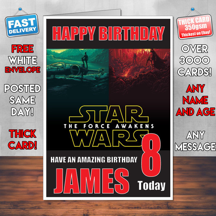 FORCE AWAKENS 8 BM THEME INSPIRED Style PERSONALISED Kids Adult FUNNY Birthday Card
