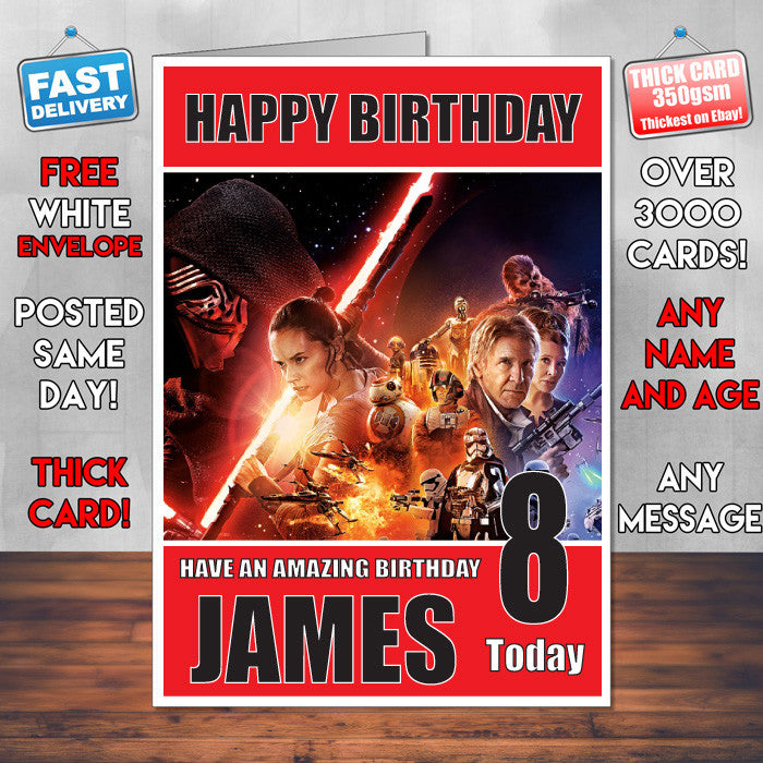 FORCE AWAKENS BM THEME INSPIRED Style PERSONALISED Kids Adult FUNNY Birthday Card