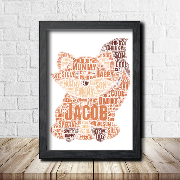 Personalised fox word art print in a black frame