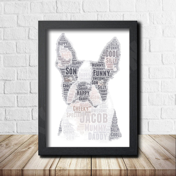 Personalised French Bulldog word art print in a black frame