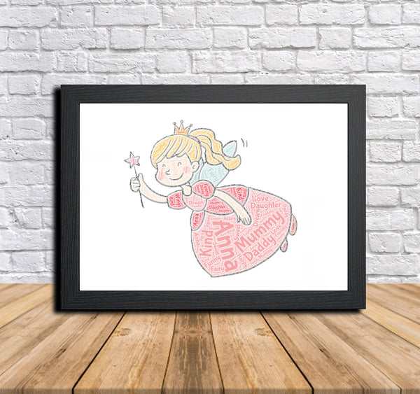 Personalised fairy word art print in a black frame