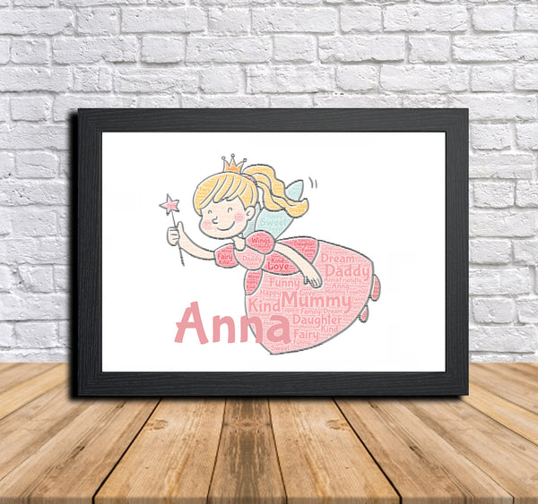 Personalised fairy word art print in a black frame