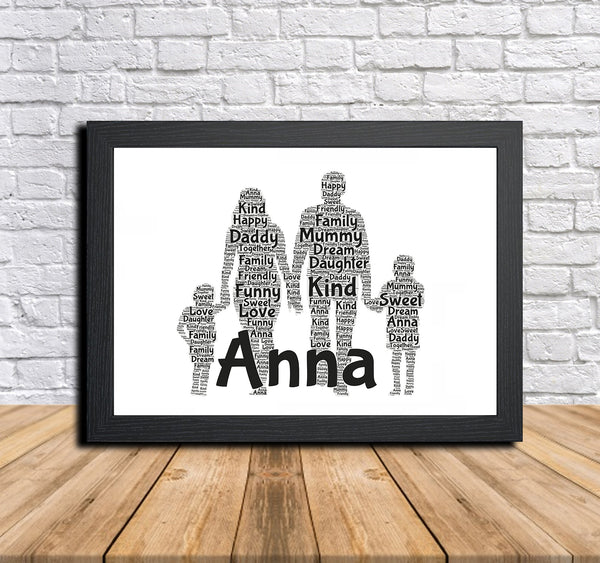 Personalised family word art print in a black frame