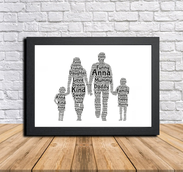 Personalised family word art print in a black frame