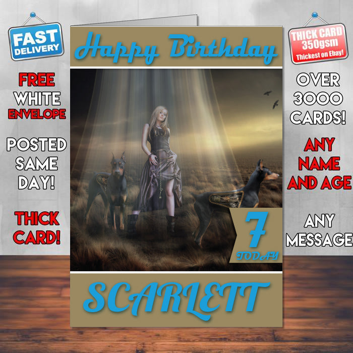 Fantasy Women With Dogs Inspired Style Game Kids Inspired Birthday Card (SA)