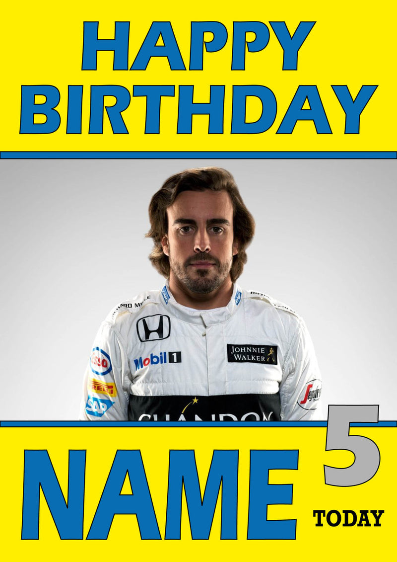 Personalised Fernando Alonso F1 THEME INSPIRED PERSONALISED Kids Adult Birthday Card