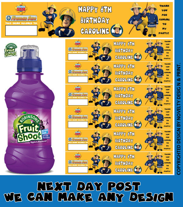 Fireman Sam Inspired Theme Personalised Party Fruit Shoot Label Sticker
