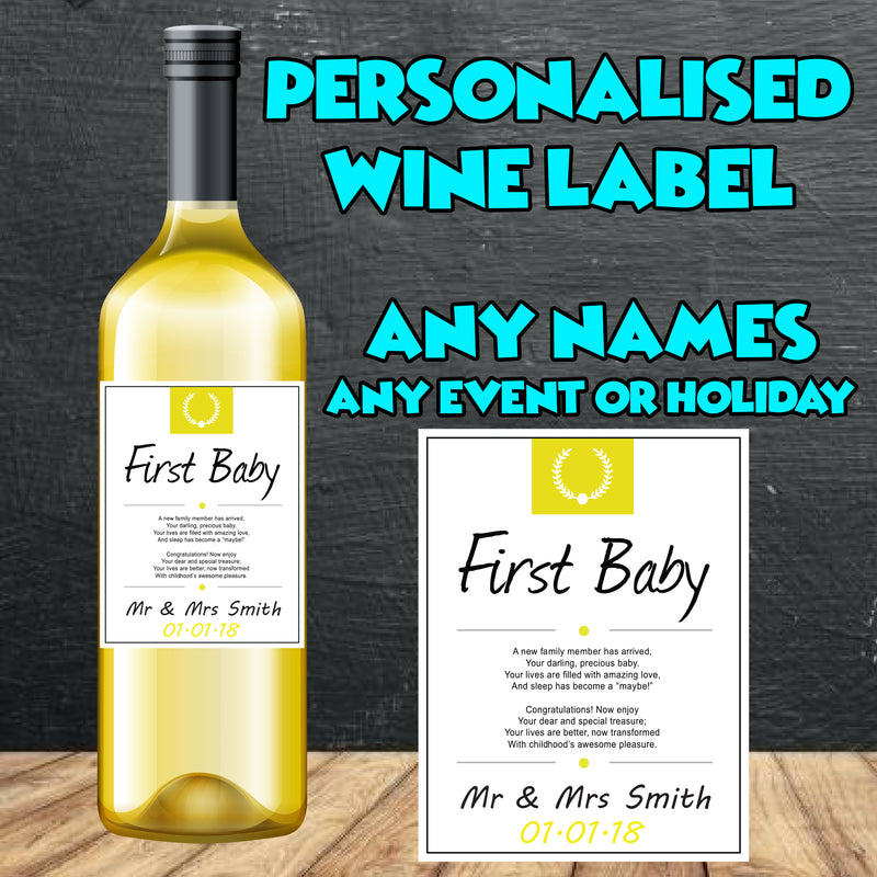 PERSONALISED First Baby Wine Bottle Label - custom name bottle lables