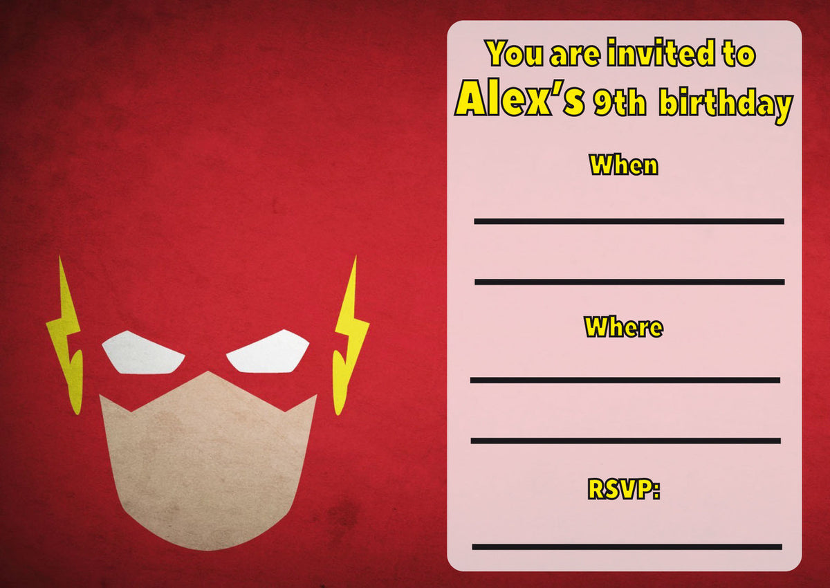 10 X Personalised Printed Boys Flash Superhero INSPIRED STYLE Invites