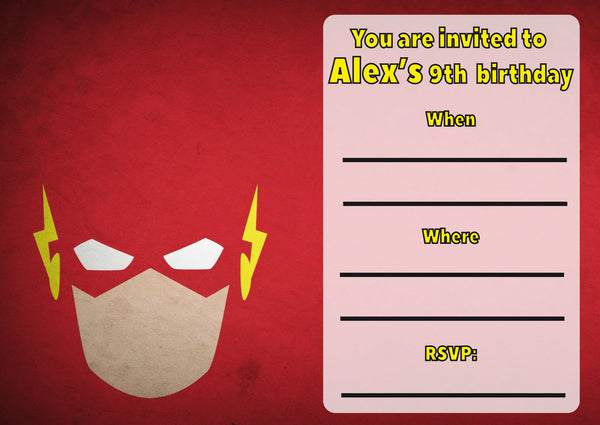 10 X Personalised Printed Boys Flash Superhero INSPIRED STYLE Invites