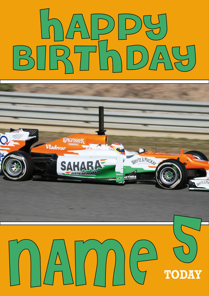 Personalised Force India F1 THEME INSPIRED PERSONALISED Kids Adult Birthday Card