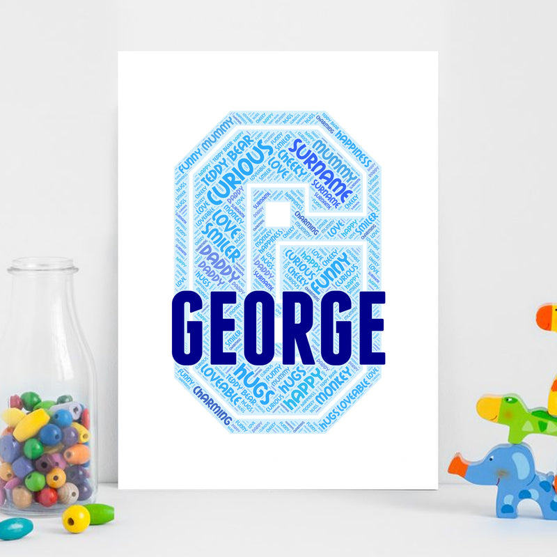 Personalised Name Word Art Poster Print Blue Letter G