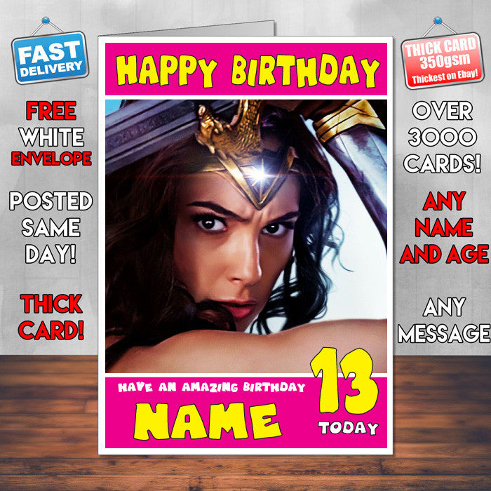 GAL GADOT WONDER WOMAN SJ THEME INSPIRED Style PERSONALISED Kids Adult FUNNY Birthday Card