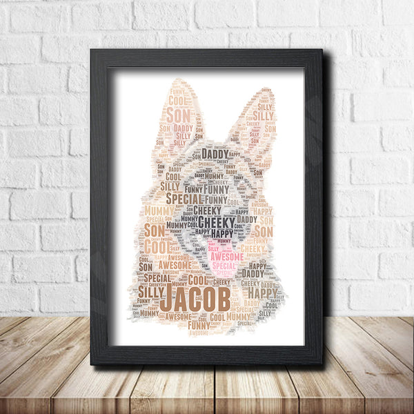 Personalised German Shepherd word art print in a black frame