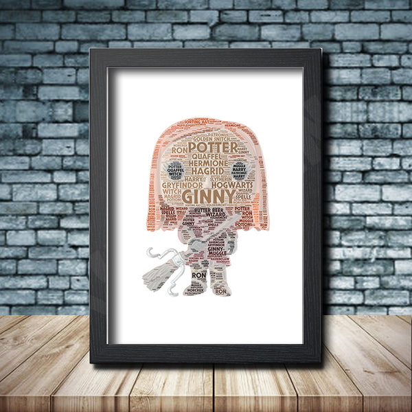 Personalised pop figure word art print inspired by Ginny Weasley in a black frame