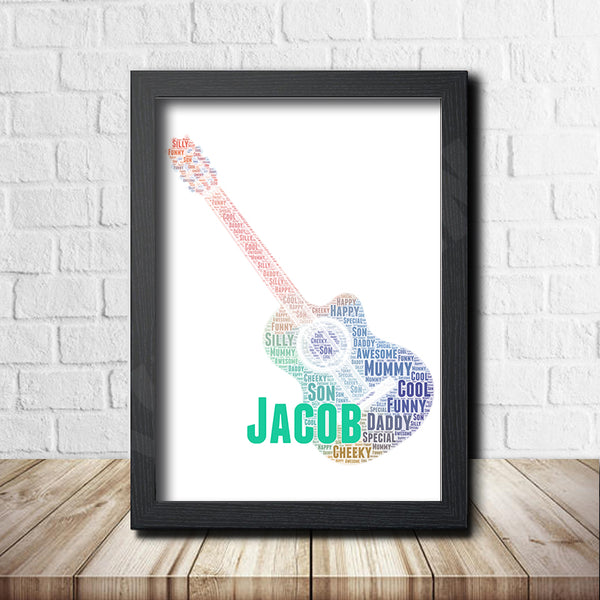 Personalised guitar word art print in a black frame