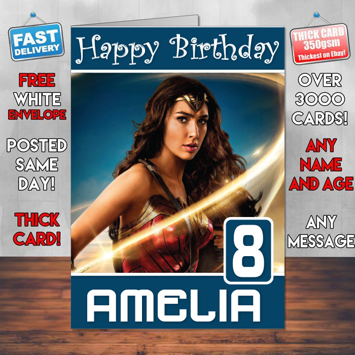 Gal Gadot Wonder Woman 2017 Hd Theme Style Personalised Kids Inspired Movie Birthday Card (SA)