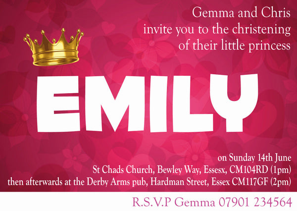 10 X Personalised Printed Girls Princess Christening Invites