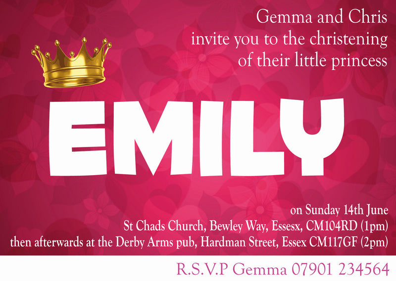 10 X Personalised Printed Girls Princess Christening INSPIRED STYLE Invites