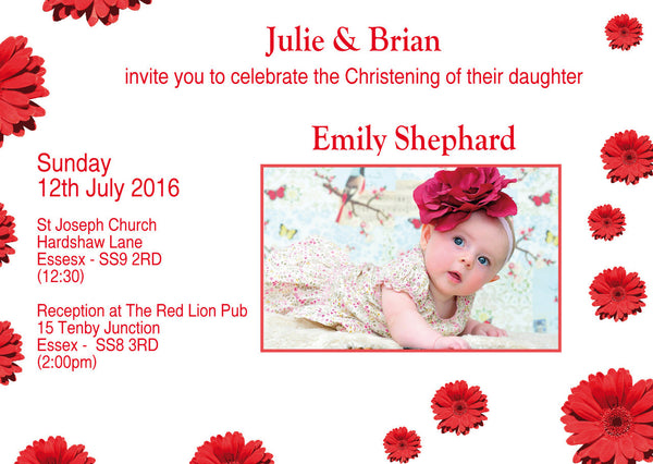 10 X Personalised Printed Girls Red Flower Christening Invites