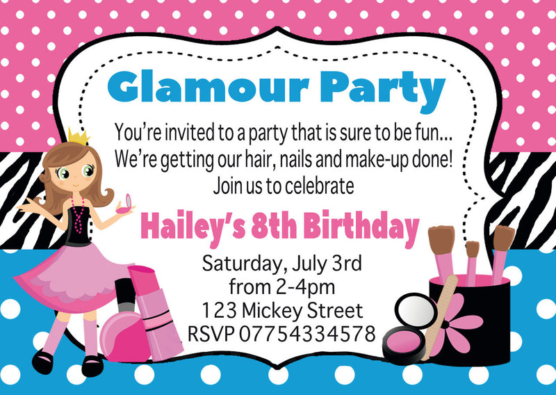 10 X Personalised Printed Glamour Party Girls INSPIRED STYLE Invites