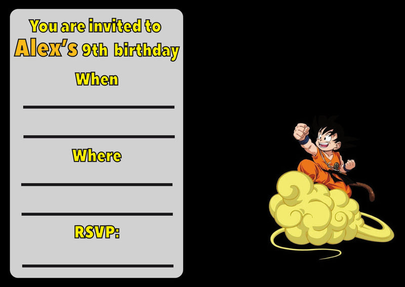 10 X Personalised Printed Boys Goku Dragon Ball Z INSPIRED STYLE Invites