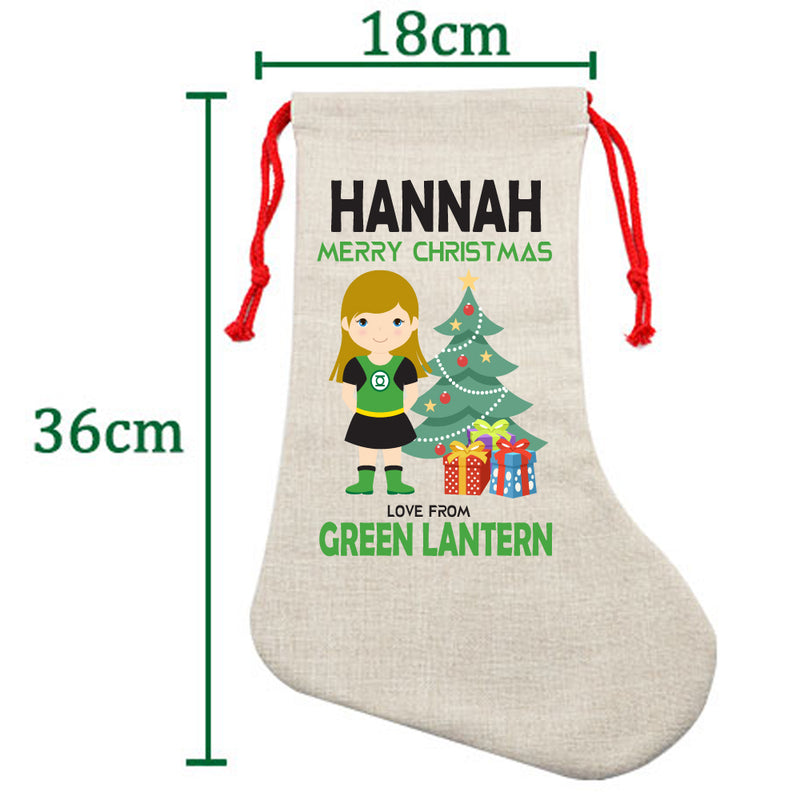 PERSONALISED Cartoon Inspired Super Hero Green Light Girl HANNAH HIGH QUALITY Large CHRISTMAS STOCKING - Any Name you want!