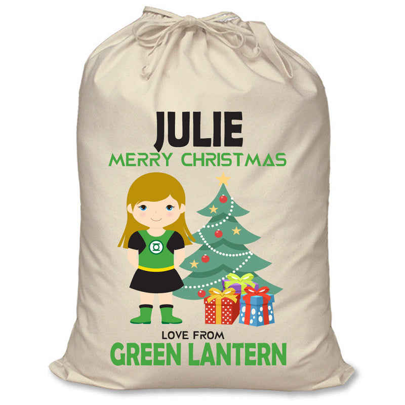 PERSONALISED Cartoon Inspired Super Hero Green Light Girl JULIE - XL Children's Christmas Santa Sack CUSTOMISE Present