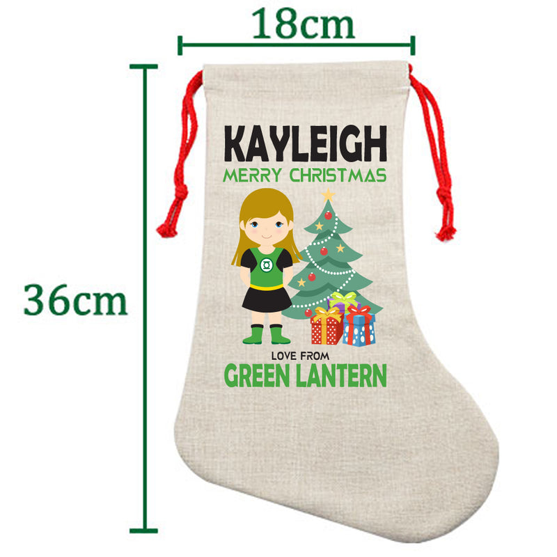 PERSONALISED Cartoon Inspired Super Hero Green Light Girl KAYLEIGH HIGH QUALITY Large CHRISTMAS STOCKING - Any Name you want!