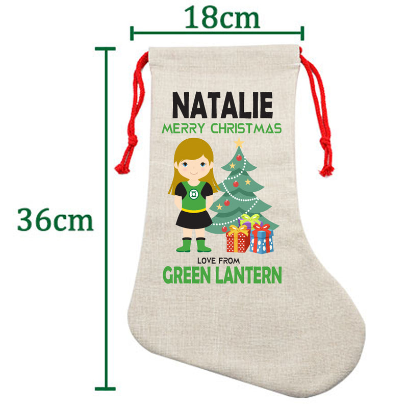 PERSONALISED Cartoon Inspired Super Hero Green Light Girl NATALIE HIGH QUALITY Large CHRISTMAS STOCKING - Any Name you want!