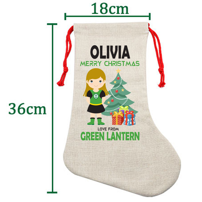 PERSONALISED Cartoon Inspired Super Hero Green Light Girl OLIVIA HIGH QUALITY Large CHRISTMAS STOCKING - Any Name you want!