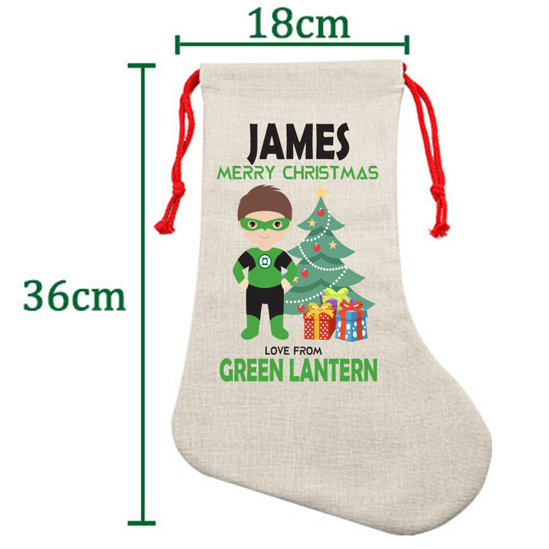 PERSONALISED Cartoon Inspired Super Hero Green Light JAMES HIGH QUALITY Large CHRISTMAS STOCKING - Any Name you want!
