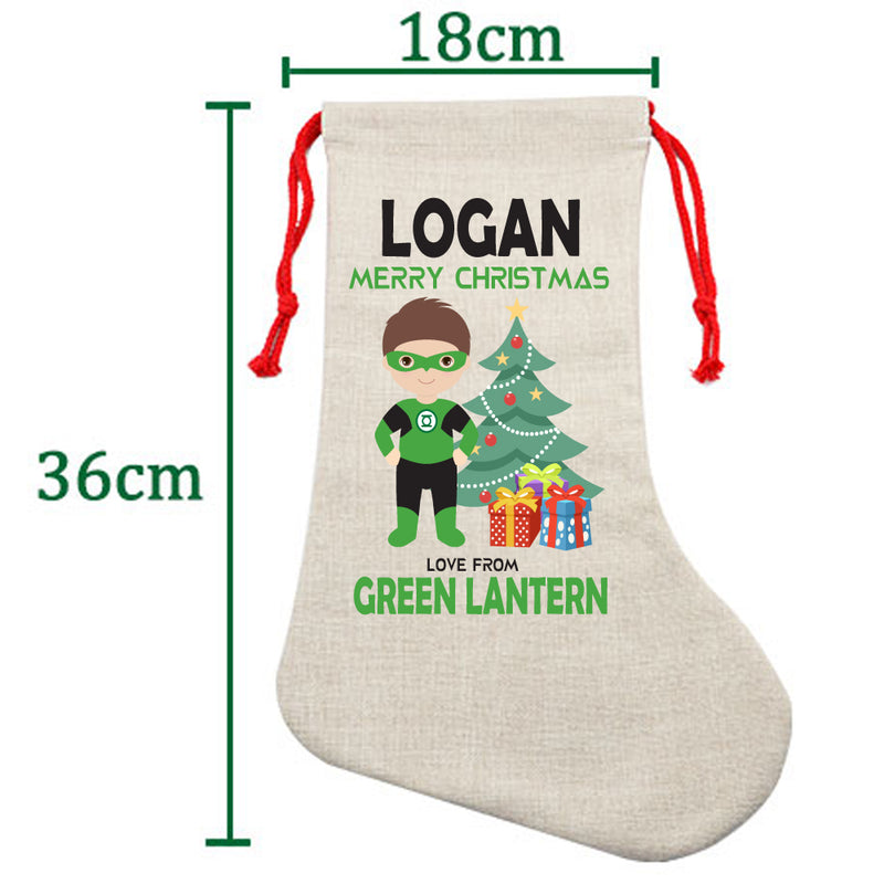 PERSONALISED Cartoon Inspired Super Hero Green Light LOGAN HIGH QUALITY Large CHRISTMAS STOCKING - Any Name you want!