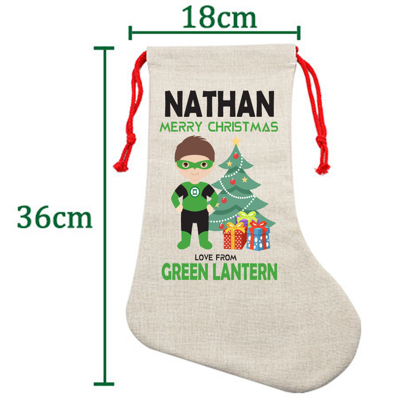 PERSONALISED Cartoon Inspired Super Hero Green Light NATHAN HIGH QUALITY Large CHRISTMAS STOCKING - Any Name you want!