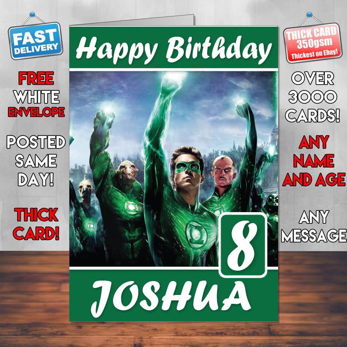 Green Lantern Theme Style Personalised Kids Inspired Movie Birthday Card (SA)