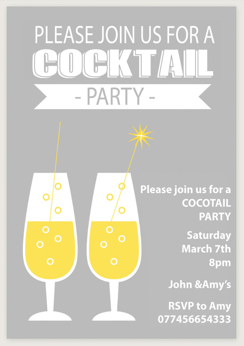 10 X Personalised Printed Grey & Yellow Cocktail INSPIRED STYLE Invites