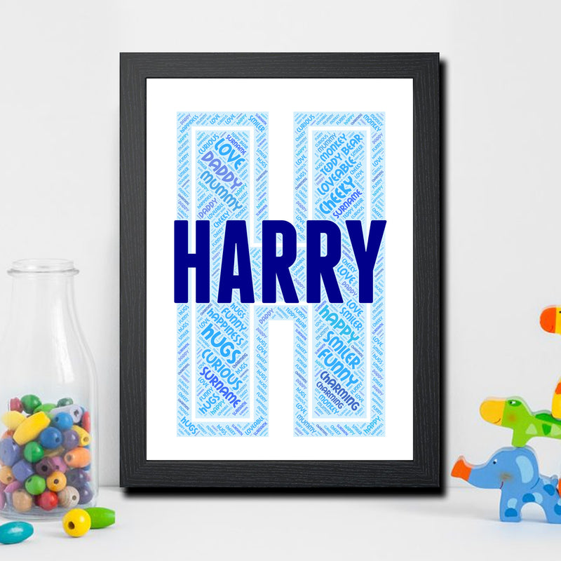 Personalised Name Word Art Poster Print Blue Letter H