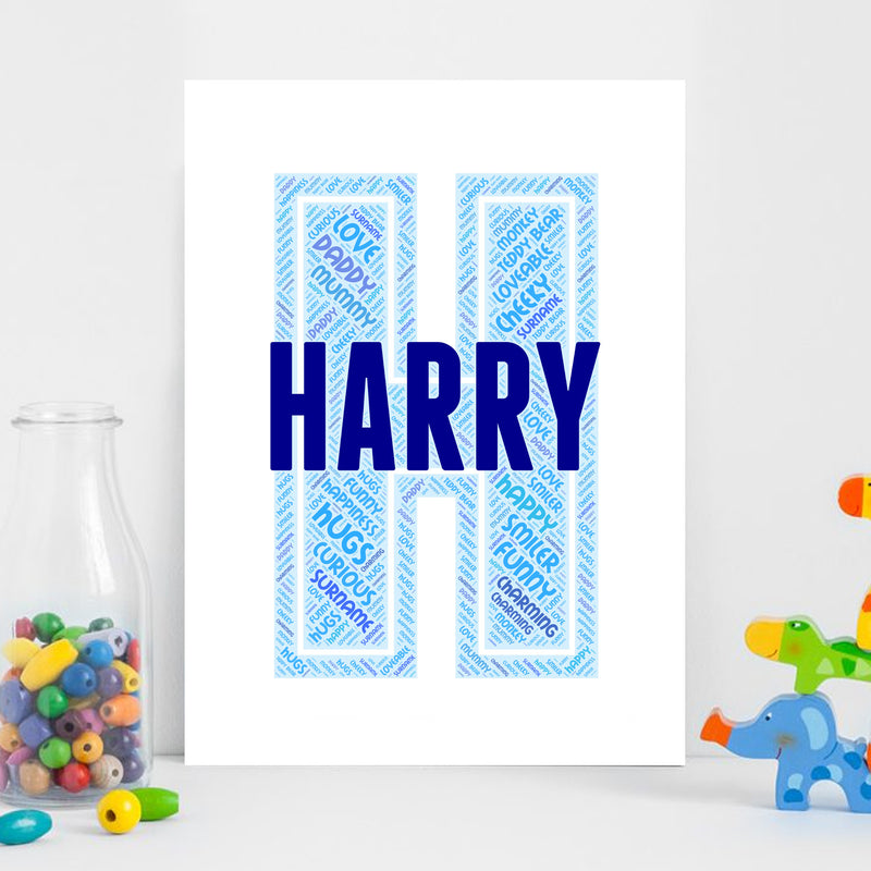 Personalised Name Word Art Poster Print Blue Letter H