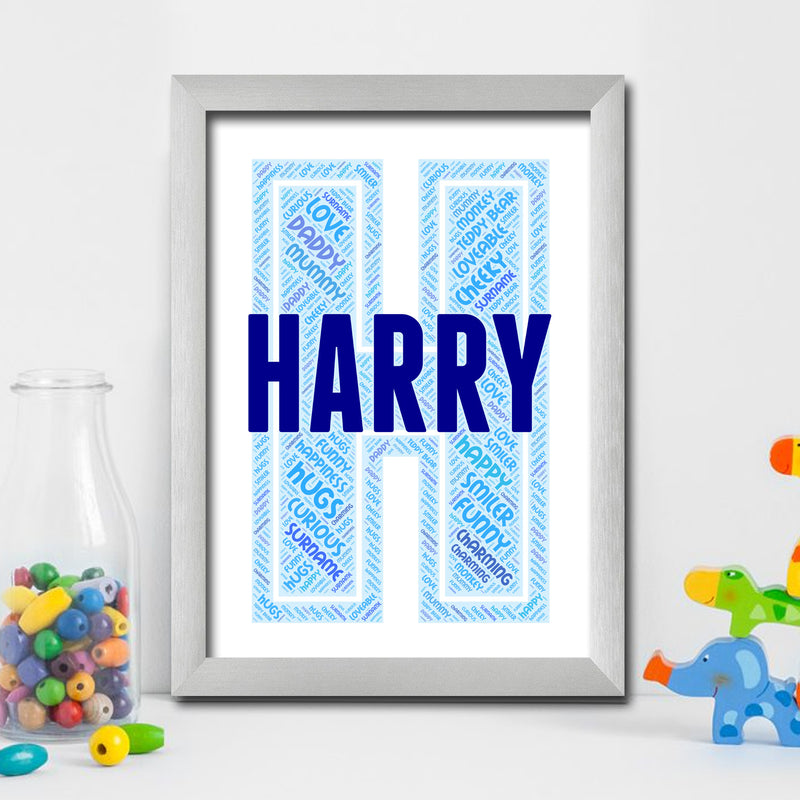 Personalised Name Word Art Poster Print Blue Letter H