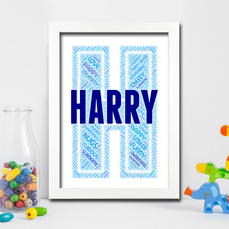 Personalised Name Word Art Poster Print Blue Letter H