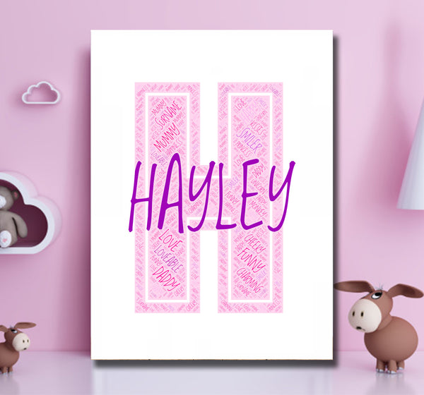 Personalised name word art print, pink letter H, print only