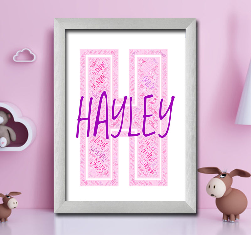 Personalised Name Word Art Poster Print Pink Letter H