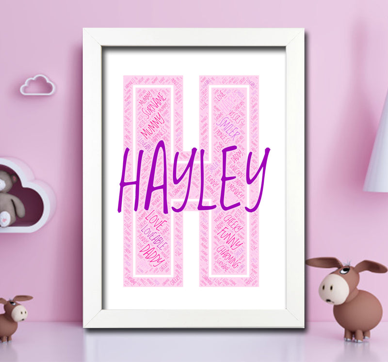 Personalised Name Word Art Poster Print Pink Letter H