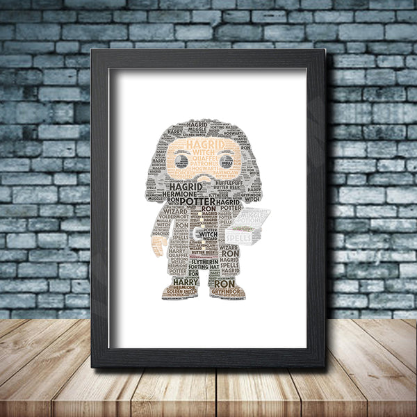 Personalised pop figure word art print inspired by Rubeus Hagrid in a black frame
