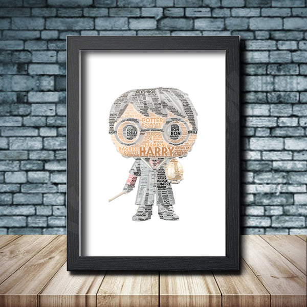 Personalised pop figure word art print inspired by Harry Potter in a black frame