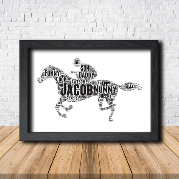 Personalised horse racing word art print in a black frame