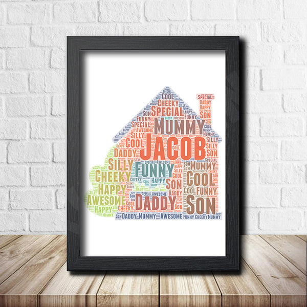 Personalised new home word art print in a black frame