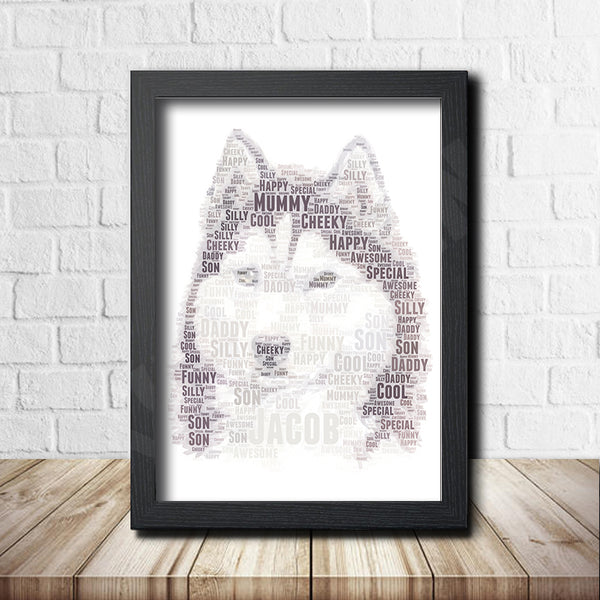 Personalised husky word art print in a black frame
