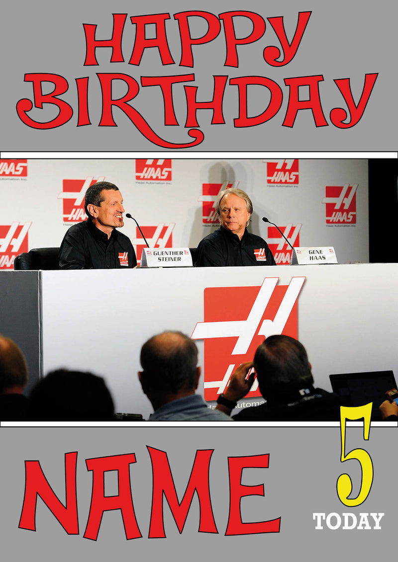 Personalised Haas 2 F1 THEME INSPIRED PERSONALISED Kids Adult Birthday Card