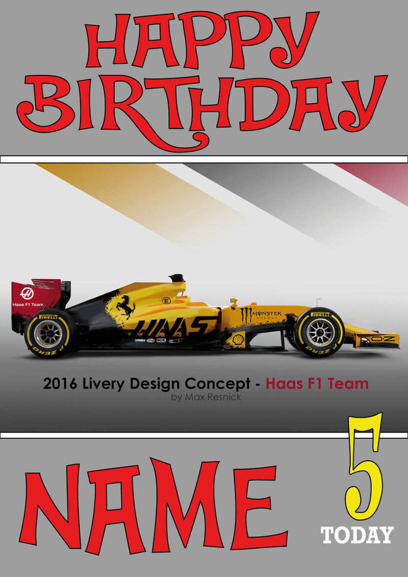 Personalised Haas F1 THEME INSPIRED PERSONALISED Kids Adult Birthday Card